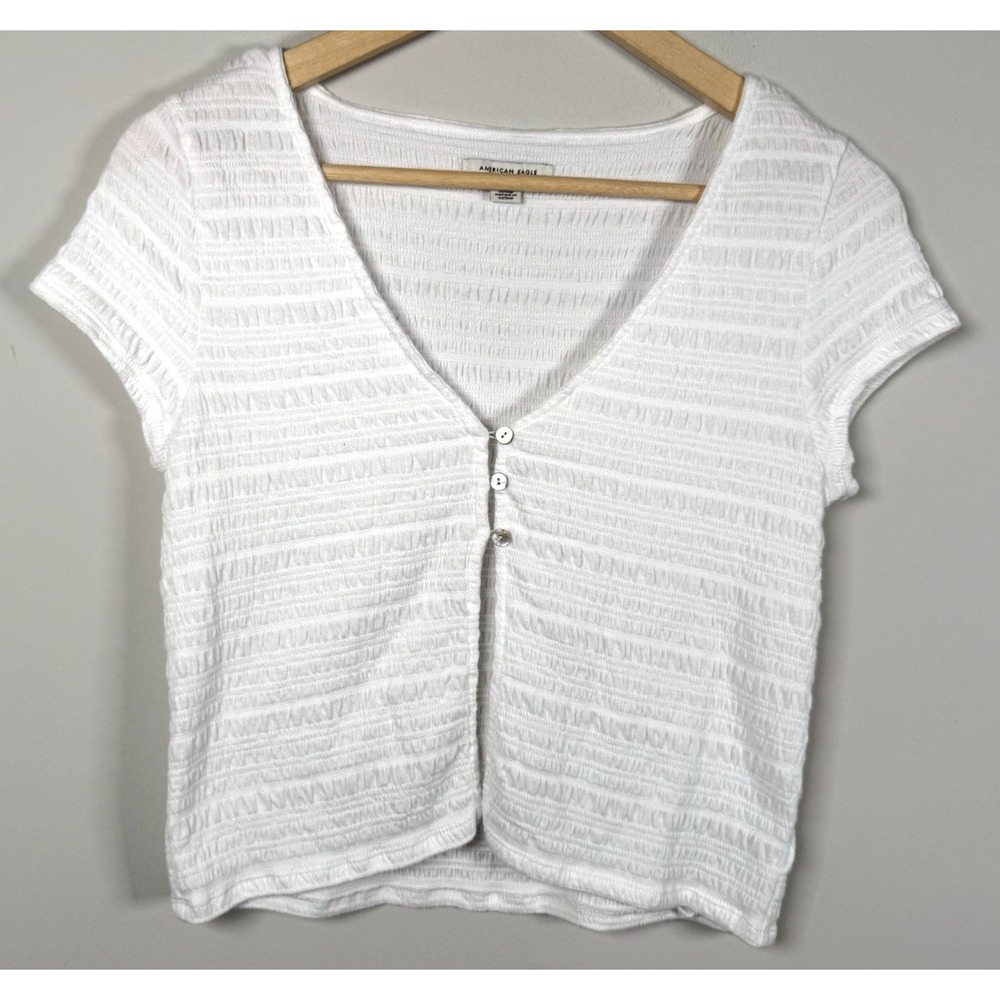 American Eagle White Smocked Crop Top Short Sleeve‎ V-Neck Button Front Shirt M